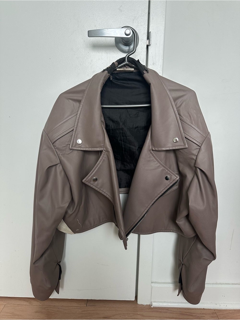 Women's Cropped Faux Leather Moto Jacket - Taupe